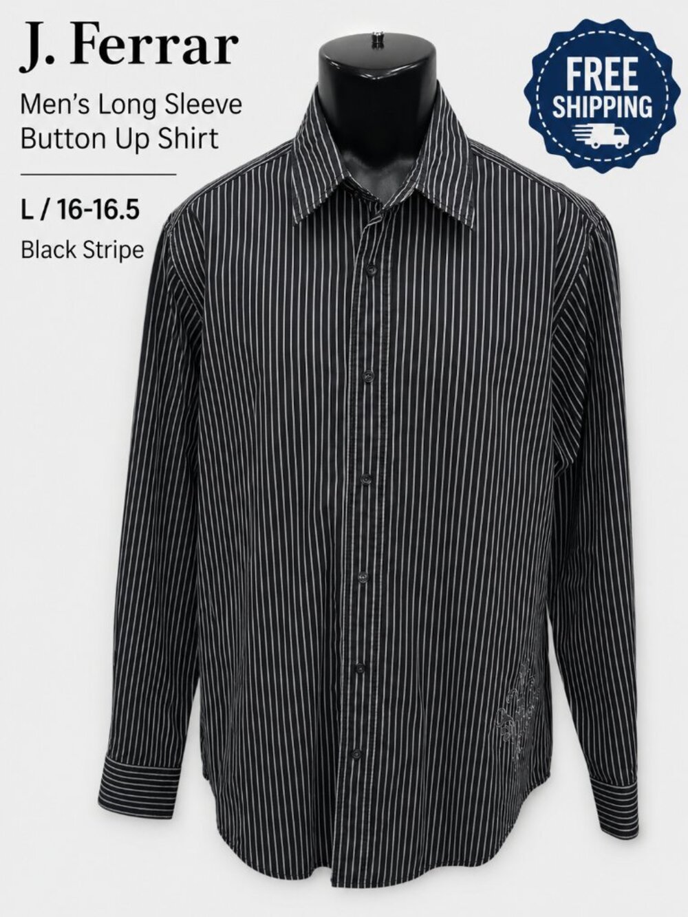 J. Ferrar Men's L Black Stripe Modern Fit 100% Cotton Embroidered Shirt